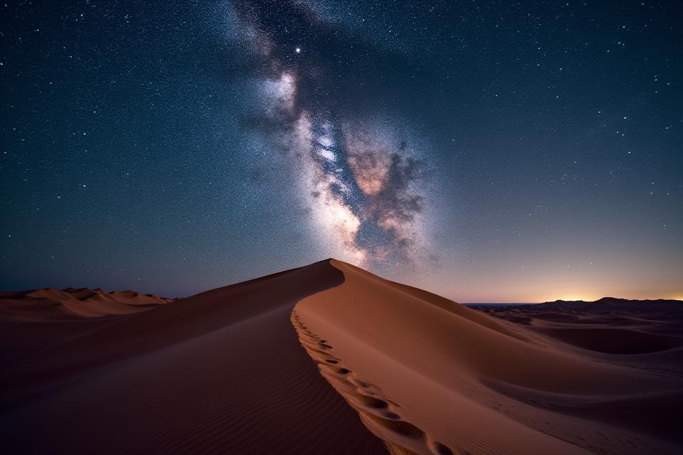Cielo estrellado sobre dunas del desierto, fotografía nocturna