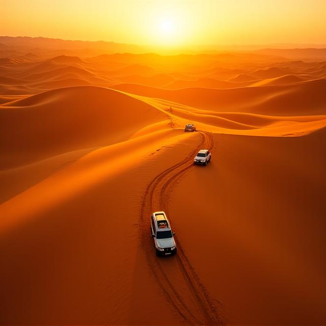 Vista aérea de una caravana de vehículos 4x4 en el desierto al atardecer