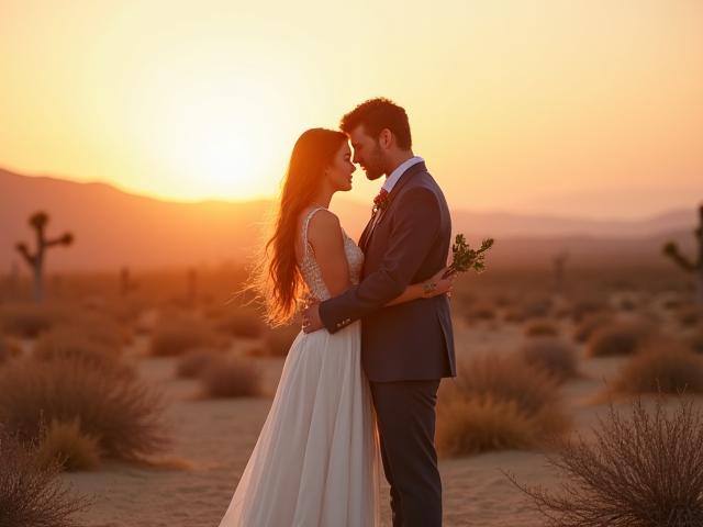 Boda íntima y elegante en un paisaje desértico al atardecer, fotografía emotiva.