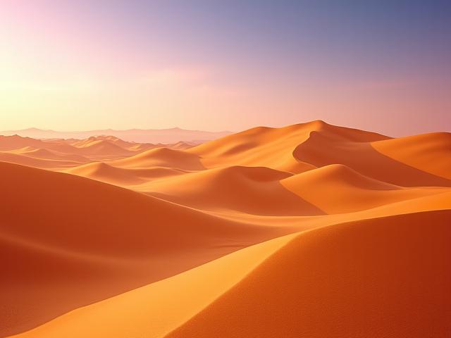 Dunas doradas al amanecer, con sombras suaves y un cielo vibrante.