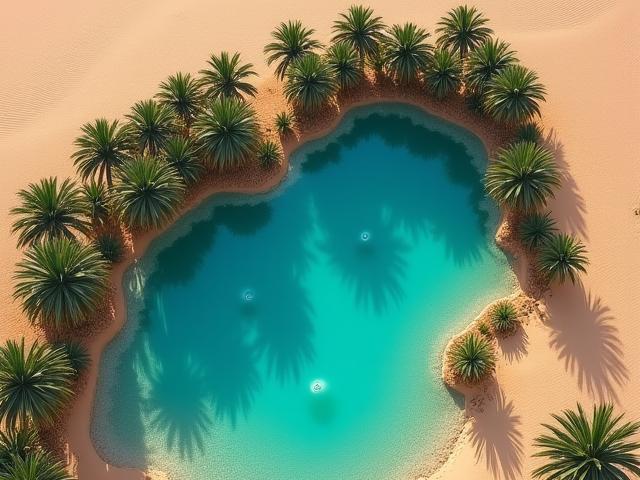 Vista aérea de un oasis vibrante en medio del desierto árido.